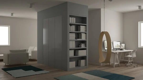 Kleine Wohnung Mit Parkettboden Heimarbeitsplatz Mit Ecktisch Weißen Wohnzimmer Bücherregal — Stockfoto