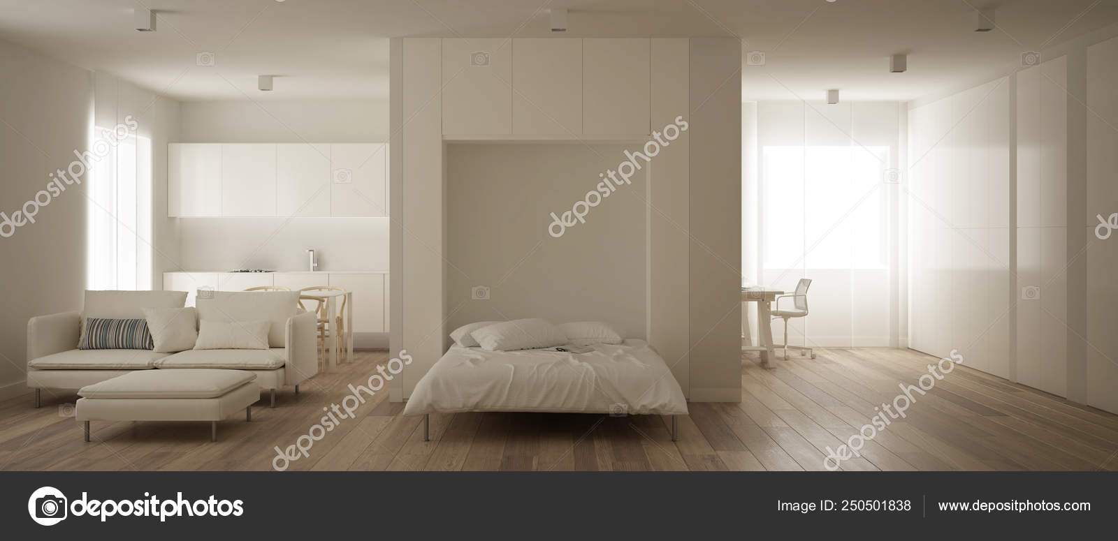 Panoramic View Of One Room Apartment With Murphy Wall Bed