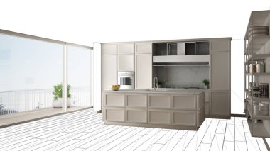 Modern beyaz mutfak ada çağdaş ve lüks daire, iç tasarım konsepti fikir, siyah mürekkep blueprint arka planda, minimalist Mobilya Projesi taslak fikir kroki