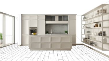 Modern beyaz mutfak ada çağdaş ve lüks daire, iç tasarım konsepti fikir, siyah mürekkep blueprint arka planda, minimalist Mobilya Projesi taslak fikir kroki