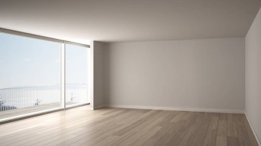 Oda iç tasarım boş, açık alan büyük panoramik pencere, panoramik deniz manzaralı, ahşap parke zemin, modern çağdaş mimarinin balkon