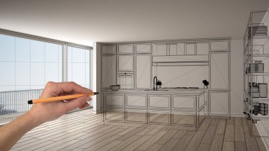 Parke zemin ve büyük panoramik penceresine beyaz iç boş, çizim özel mimari tasarım, siyah mürekkep kroki, plan gösteren modern mutfak el