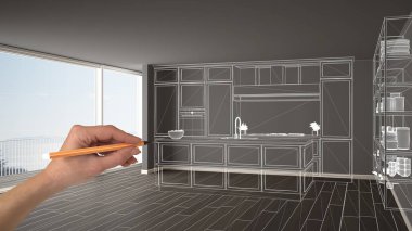 Parke zemin ve büyük panoramik penceresine beyaz iç boş, çizim özel mimari tasarım, beyaz mürekkep kroki, plan gösteren modern mutfak el