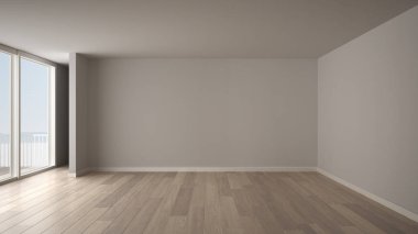 Oda iç tasarım boş, açık alan büyük panoramik pencere, panoramik deniz manzaralı, ahşap parke zemin, modern çağdaş mimarinin balkon