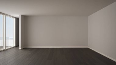 Oda iç tasarım boş, açık alan büyük panoramik pencere, panoramik deniz manzaralı, ahşap parke zemin, modern çağdaş mimarinin balkon