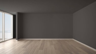 Oda iç tasarım boş, açık alan büyük panoramik pencere, panoramik deniz manzaralı, ahşap parke zemin, modern çağdaş mimarinin balkon