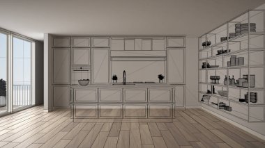 Boş beyaz iç parke zemin ve büyük panoramik penceresinde, proje, siyah mürekkep kroki, blueprint klasik mutfak gösterilen özel mimari tasarım