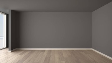 Oda iç tasarım boş, açık alan büyük panoramik pencere, panoramik deniz manzaralı, ahşap parke zemin, modern çağdaş mimarinin balkon