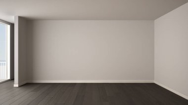 Oda iç tasarım boş, açık alan büyük panoramik pencere, panoramik deniz manzaralı, ahşap parke zemin, modern çağdaş mimarinin balkon