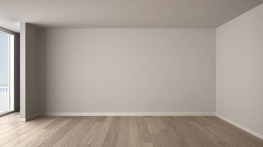 Oda iç tasarım boş, açık alan büyük panoramik pencere, panoramik deniz manzaralı, ahşap parke zemin, modern çağdaş mimarinin balkon