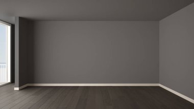 Oda iç tasarım boş, açık alan büyük panoramik pencere, panoramik deniz manzaralı, ahşap parke zemin, modern çağdaş mimarinin balkon