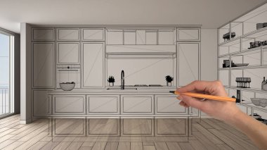 Parke zemin beyaz içi boş, çizim özel mimari tasarım, siyah mürekkep kroki, plan gösteren modern mutfak el