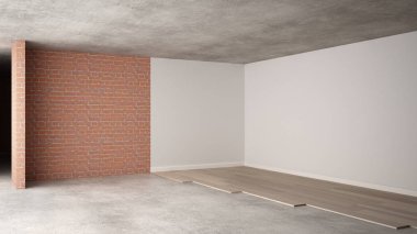 İç tasarım yenileme, önce ve sonra tamir ve duvar resmi, parke döşeme, geliştirme adımlardan, ev yenileme kavram fikir arka plan kopya alanı ile