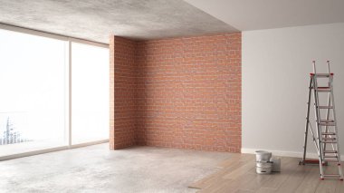 Ev yenileme işlemi, onarım ve duvar resmi, inşaat kavramı yeniden yapılanma. Tuğla ve boyalı duvarlar, parke zemin, duvar döşeme ve covering, mimari iç tasarım