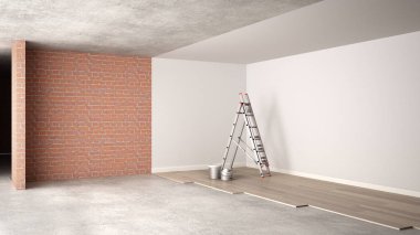 Ev yenileme işlemi, onarım ve duvar resmi, inşaat kavramı yeniden yapılanma. Tuğla ve boyalı duvarlar, parke zemin, duvar döşeme ve covering, mimari iç tasarım