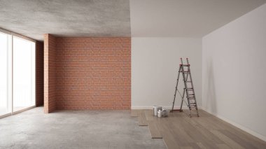 Ev yenileme işlemi, onarım ve duvar resmi, inşaat kavramı yeniden yapılanma. Tuğla ve boyalı duvarlar, parke zemin, duvar döşeme ve covering, mimari iç tasarım