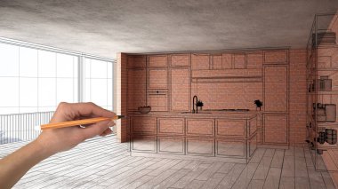 Ev yenileme, ev geliştirme kavramı arka plan, yapım aşamasında el çizimi özel mimarisi, siyah kroki, plan gösteren modern mutfak ile iç tasarım