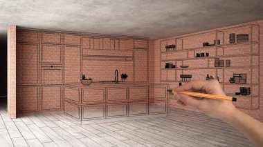 Ev yenileme, ev geliştirme kavramı arka plan, yapım aşamasında el çizimi özel mimarisi, siyah kroki, plan gösteren modern mutfak ile iç tasarım