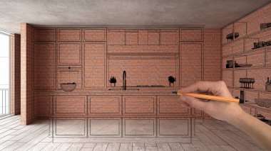 Ev yenileme, ev geliştirme kavramı arka plan, yapım aşamasında el çizimi özel mimarisi, siyah kroki, plan gösteren modern mutfak ile iç tasarım