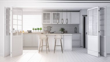 Mimar iç tasarım konsepti: gerçek, modern İskandinav mutfak dolapları, ada ve kolye lamba, minimalist tasarım fikir olur tamamlanmamış proje