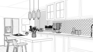 İç tasarım projesi, siyah ve beyaz mürekkep çizimi, mimari blueprint gösteren İskandinav minimalist mutfak Island ve tabureler, çağdaş mimarisi ile