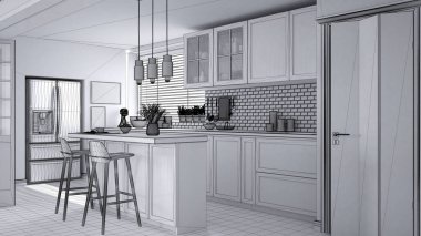 Modern İskandinav mutfak, dolapları, ada ve kolye lamba, çağdaş iç tasarım, mimari açık alan kavram fikir tamamlanmamış proje taslağı