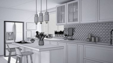 Modern İskandinav mutfak, dolapları, ada ve kolye lamba, çağdaş iç tasarım, mimari açık alan kavram fikir tamamlanmamış proje taslağı