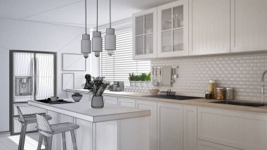 Mimar iç tasarım konsepti: gerçek, modern İskandinav mutfak dolapları, ada ve kolye lamba, minimalist tasarım fikir olur tamamlanmamış proje