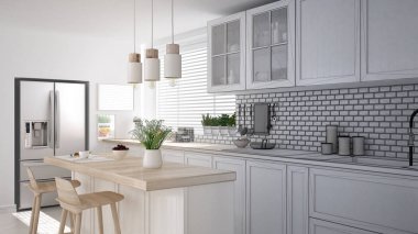 Mimar iç tasarım konsepti: gerçek, modern İskandinav mutfak dolapları, ada ve kolye lamba, minimalist tasarım fikir olur tamamlanmamış proje