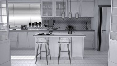 Modern İskandinav mutfak, dolapları, ada ve kolye lamba, çağdaş iç tasarım, mimari açık alan kavram fikir tamamlanmamış proje taslağı