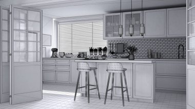 Modern İskandinav mutfak, dolapları, ada ve kolye lamba, çağdaş iç tasarım, mimari açık alan kavram fikir tamamlanmamış proje taslağı