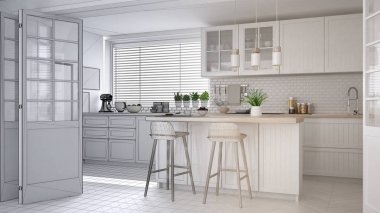 Mimar iç tasarım konsepti: gerçek, modern İskandinav mutfak dolapları, ada ve kolye lamba, minimalist tasarım fikir olur tamamlanmamış proje