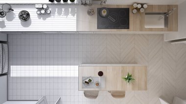 Mimar iç tasarım konsepti: gerçek, modern İskandinav mutfak dolapları, ada ve kolye lamba, minimalist tasarım fikri, üstten görünüm olur tamamlanmamış proje