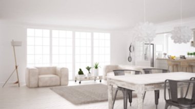 Görüntü arka plan dekorasyon, minimalist beyaz oturma odası ve mutfak, büyük pencere ve halı kürk, İskandinav klasik iç tasarım konsepti fikir