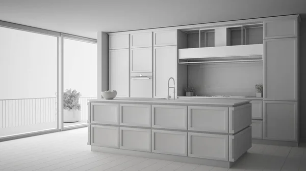 Celkový bílý projekt klasické kuchyně v moderním otevřeném prostoru s parketovou podlahou, ostrovem a příslušenstvím, minimalistický současný design interiéru — Stock fotografie