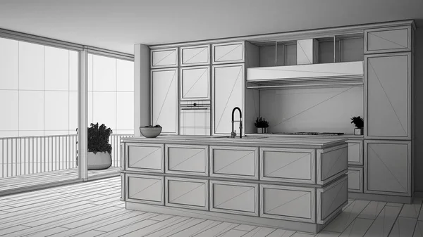 Unfinished project draft of classic kitchen in modern luxury apartment, vintage retro interior design, αρχιτεκτονική open space σαλόνι έννοια ιδέα — Φωτογραφία Αρχείου