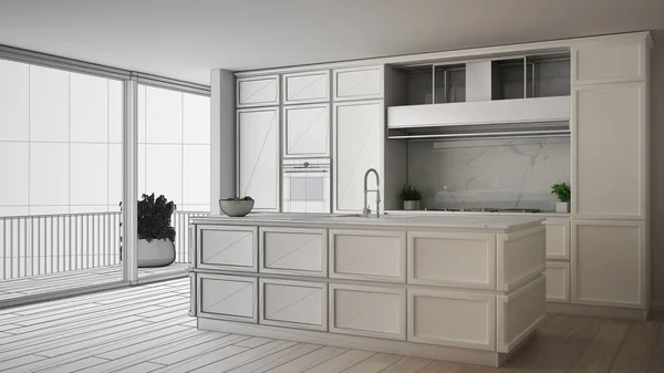 Konsep desainer interior arsitek: proyek yang belum selesai yang menjadi nyata, dapur klasik di apartemen modern dengan lantai parket, ide desain minimalis — Stok Foto