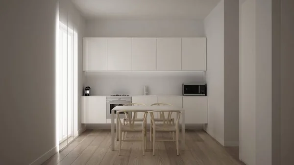 Piccola cucina minimalista bianca design in un appartamento con una camera da letto con pavimento in parquet e finestra con tavolo da pranzo, design degli interni pulito, moderna idea di architettura contemporanea — Foto Stock