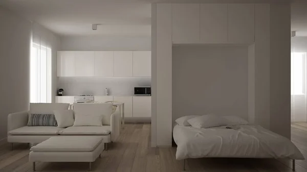 Küçük daire, stüdyo ile parke zemin, mutfak yemek masa, Murphy yatağı, oturma odası minimalist tarzı, modern mimari iç tasarım konsepti