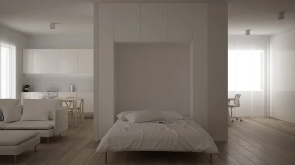 Небольшая квартира, однокомнатная с паркетным полом, домашнее рабочее место с письменным столом в белой гостиной, кровать Мерфи, офис в стиле минимализма, концепция интерьера современной архитектуры — стоковое фото