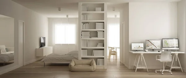 Vista panorámica de un apartamento de una habitación con cama de pared de Murphy, sala de estar y lugar de trabajo, cama para perros. Suelo de parquet, diseño interior blanco minimalista, idea de concepto de arquitectura moderna — Foto de Stock