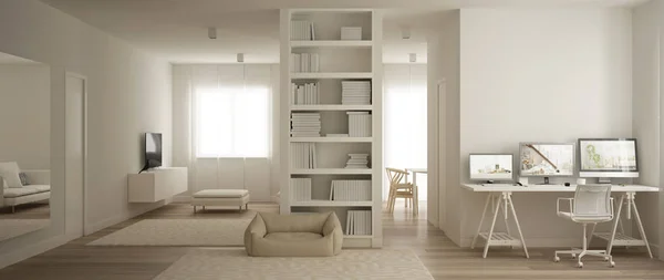 Vue panoramique d'un appartement d'une pièce, salon et lieu de travail, lit pour chien et tapis en fourrure. Parquet au sol, design intérieur blanc minimaliste, concept d'architecture moderne idée — Photo