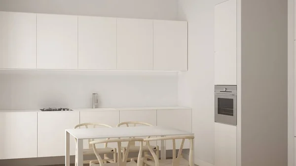 Minimalistické bílé malé kuchyně design v jednopokojový byt s parketovou podlahou a jídelní stůl, interiérový design, moderní soudobé architektury koncept myšlenka — Stock fotografie