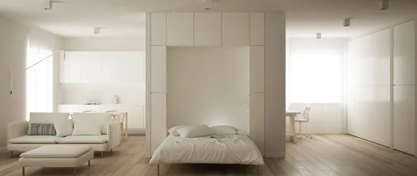 墨菲墙床与床头柜在一个房间的公寓与厨房, 客厅和家庭工作场所, 干净的室内设计, 现代建筑概念的想法 — 图库照片
