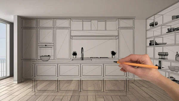 Άδειο λευκό εσωτερικό με παρκέ δάπεδο, χέρι σχέδιο συνήθειας αρχιτεκτονική σχεδίαση, σκίτσο μαύρο μελάνι, σχεδιάγραμμα δείχνει μοντέρνα κουζίνα — Φωτογραφία Αρχείου