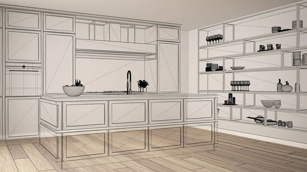 Interior blanco vacío con suelo de parquet, proyecto de diseño de arquitectura personalizado, boceto de tinta negra, plano que muestra la cocina clásica — Foto de Stock