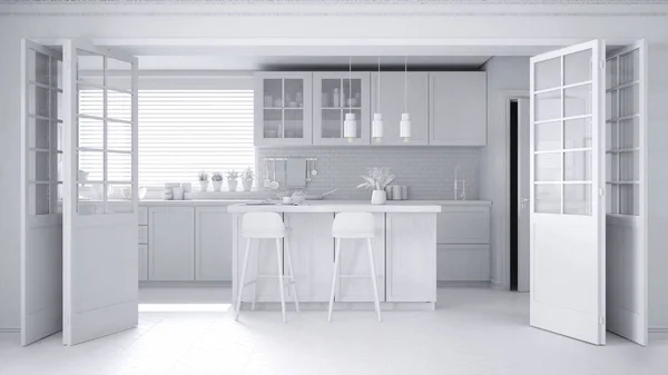 Projektets totala vita moderna skandinaviska köket med ön, pallar och hängande lampor, skåp och tillbehör, minimalistisk modern inredningsdesign konceptidé — Stockfoto