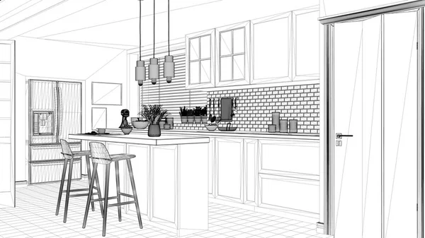 Interior design project, black and white ink sketch, architecture blueprint showing scandinavian minimalistic kitchen with island and stools, contemporary architecture