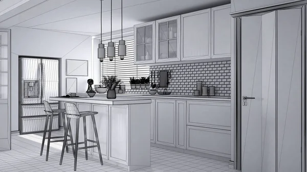 Modern İskandinav mutfak, dolapları, ada ve kolye lamba, çağdaş iç tasarım, mimari açık alan kavram fikir tamamlanmamış proje taslağı