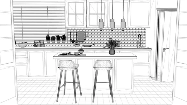 Interiérový design projektu, černé a bílé inkoustu skica, architektura blueprint zobrazeno skandinávské minimalistické kuchyně s island a židle, moderní architektura — Stock fotografie